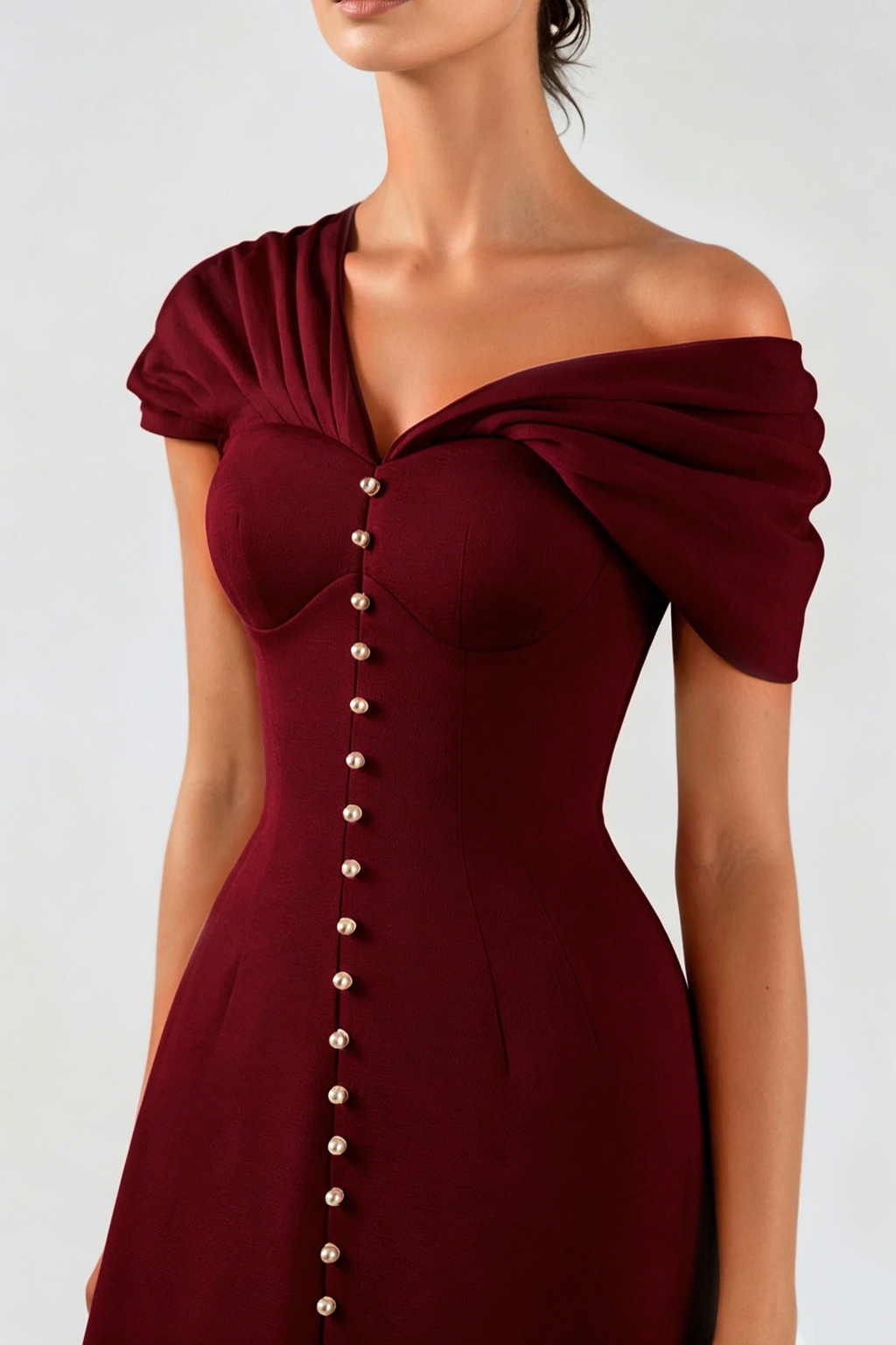 Luzasa Off Shoulder Buttoned Mini Dress - Wine Avalabel