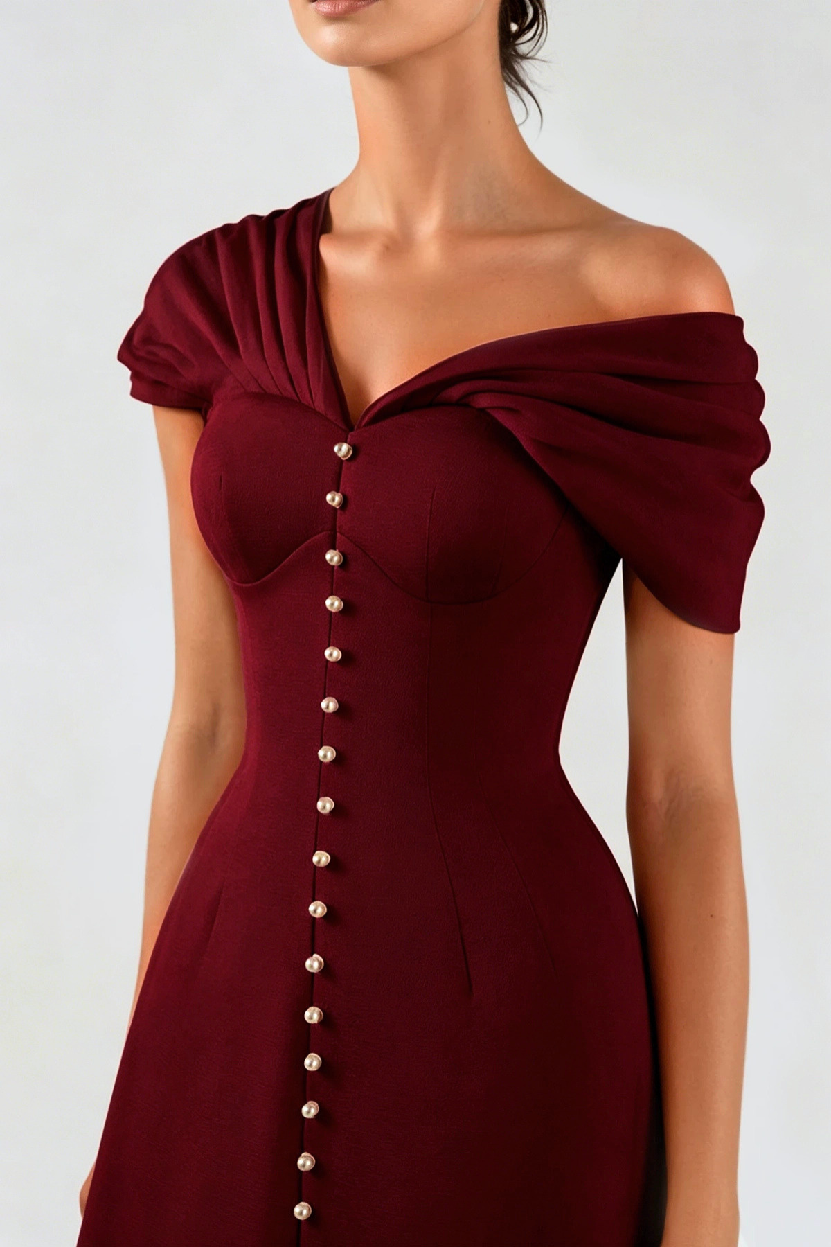 Luzasa Off Shoulder Buttoned Mini Dress - Wine Avalabel