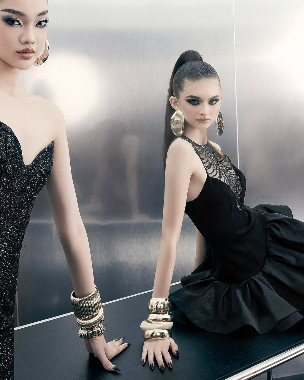 Jessica Sequin Tulle Ruched Hem Mini Dress in Black Avalabel