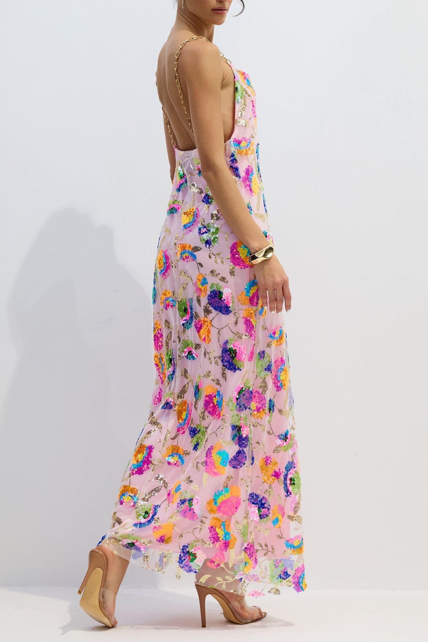 Fanny Embroidered Sequins Backless Maxi Dress