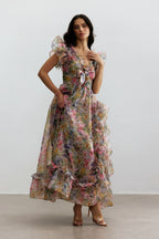 Butterfly Print Ruffle Chiffon Maxi Dress Avalabel