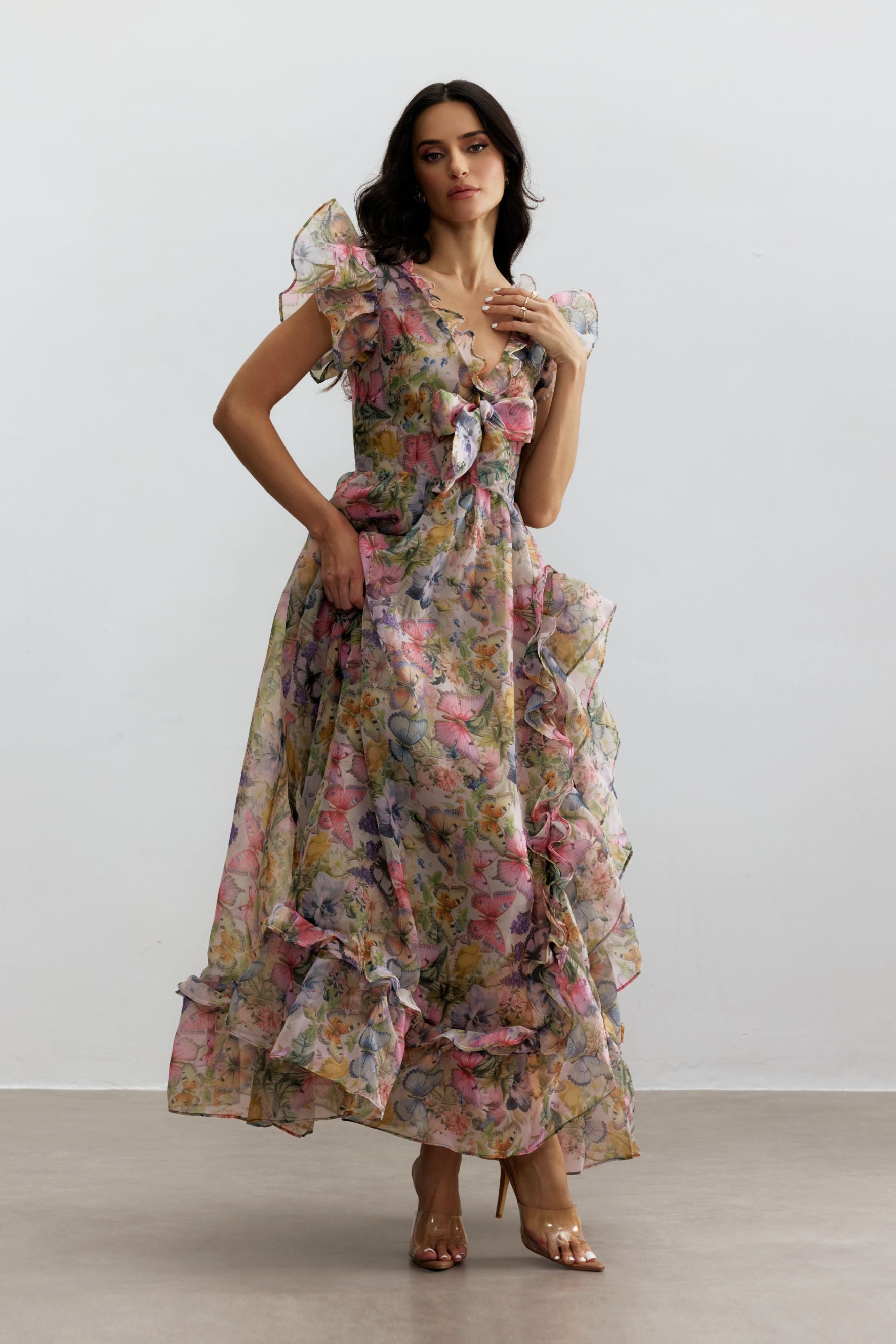 Butterfly Print Ruffle Chiffon Maxi Dress Avalabel