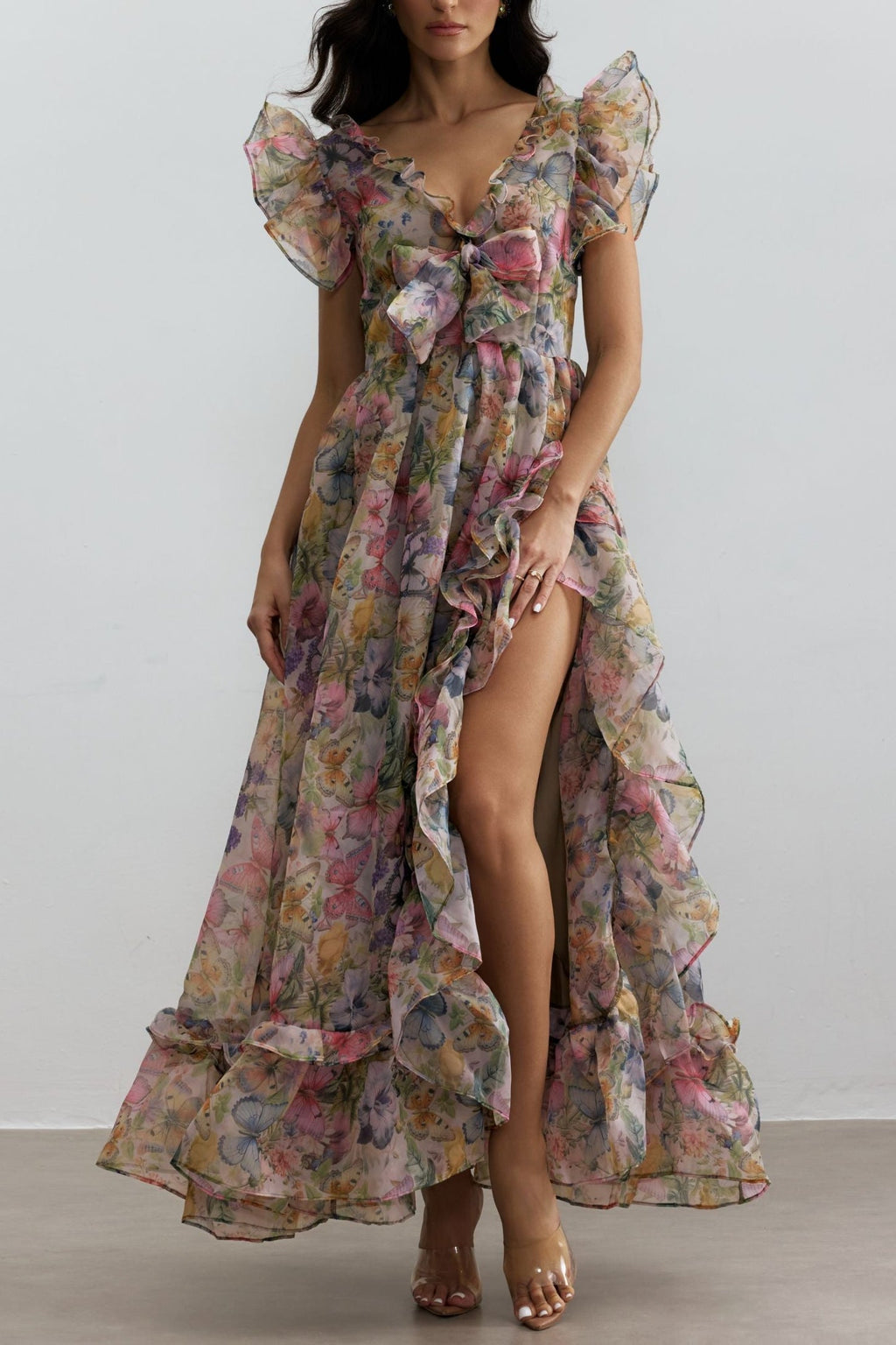 Butterfly Print Ruffle Chiffon Maxi Dress Avalabel