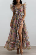 Butterfly Print Ruffle Chiffon Maxi Dress Avalabel