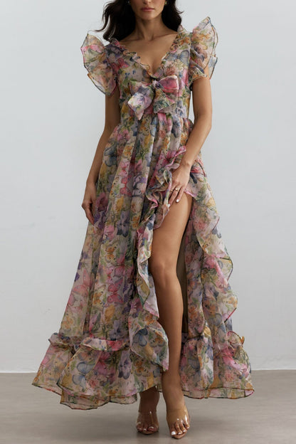 Butterfly Print Ruffle Chiffon Maxi Dress