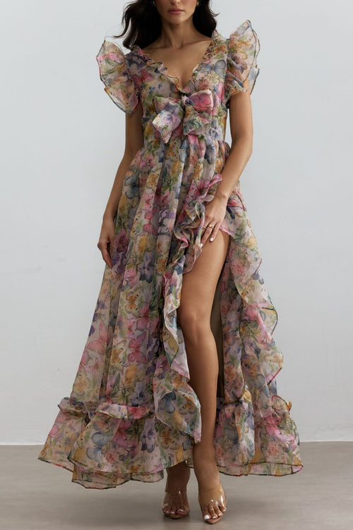 Butterfly Print Ruffle Chiffon Maxi Dress Avalabel