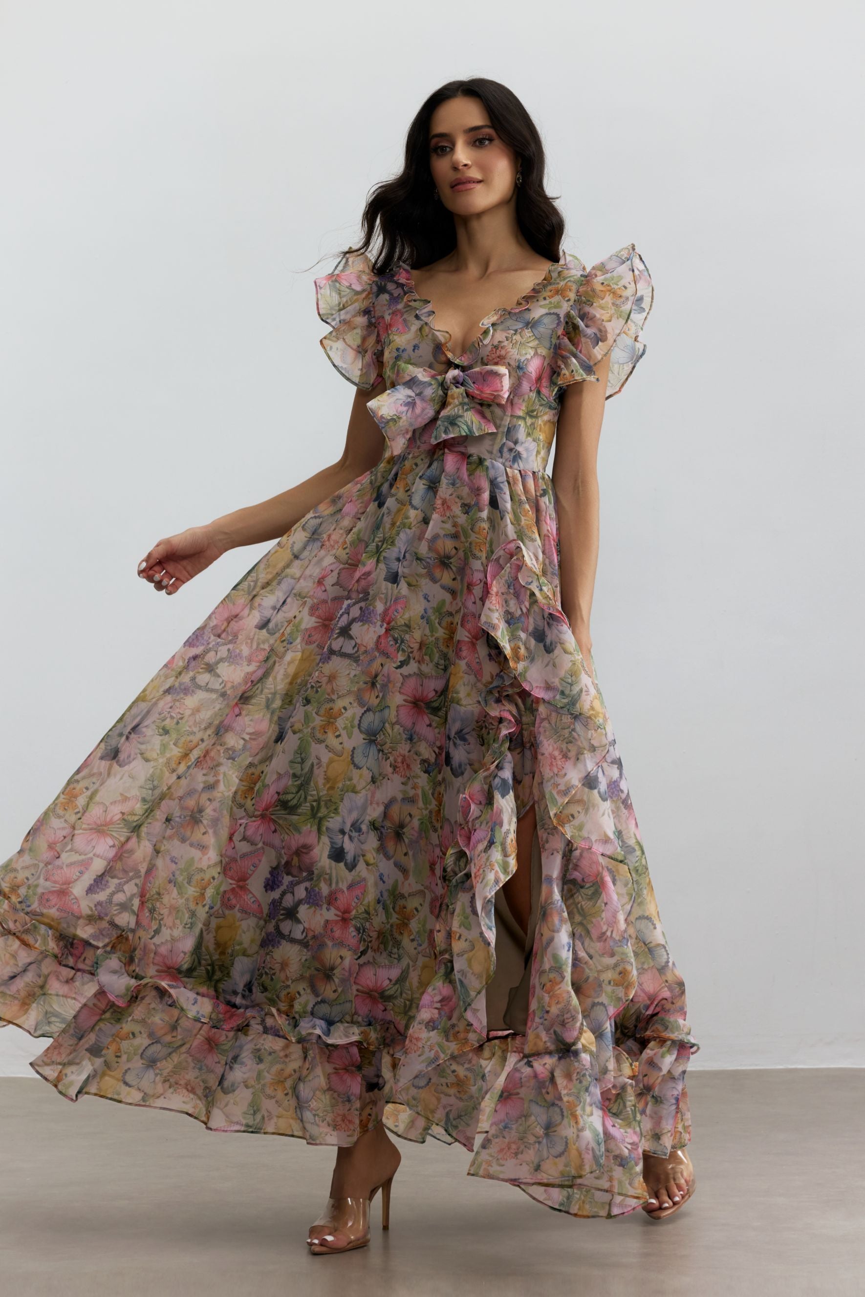 Butterfly Print Ruffle Chiffon Maxi Dress Avalabel