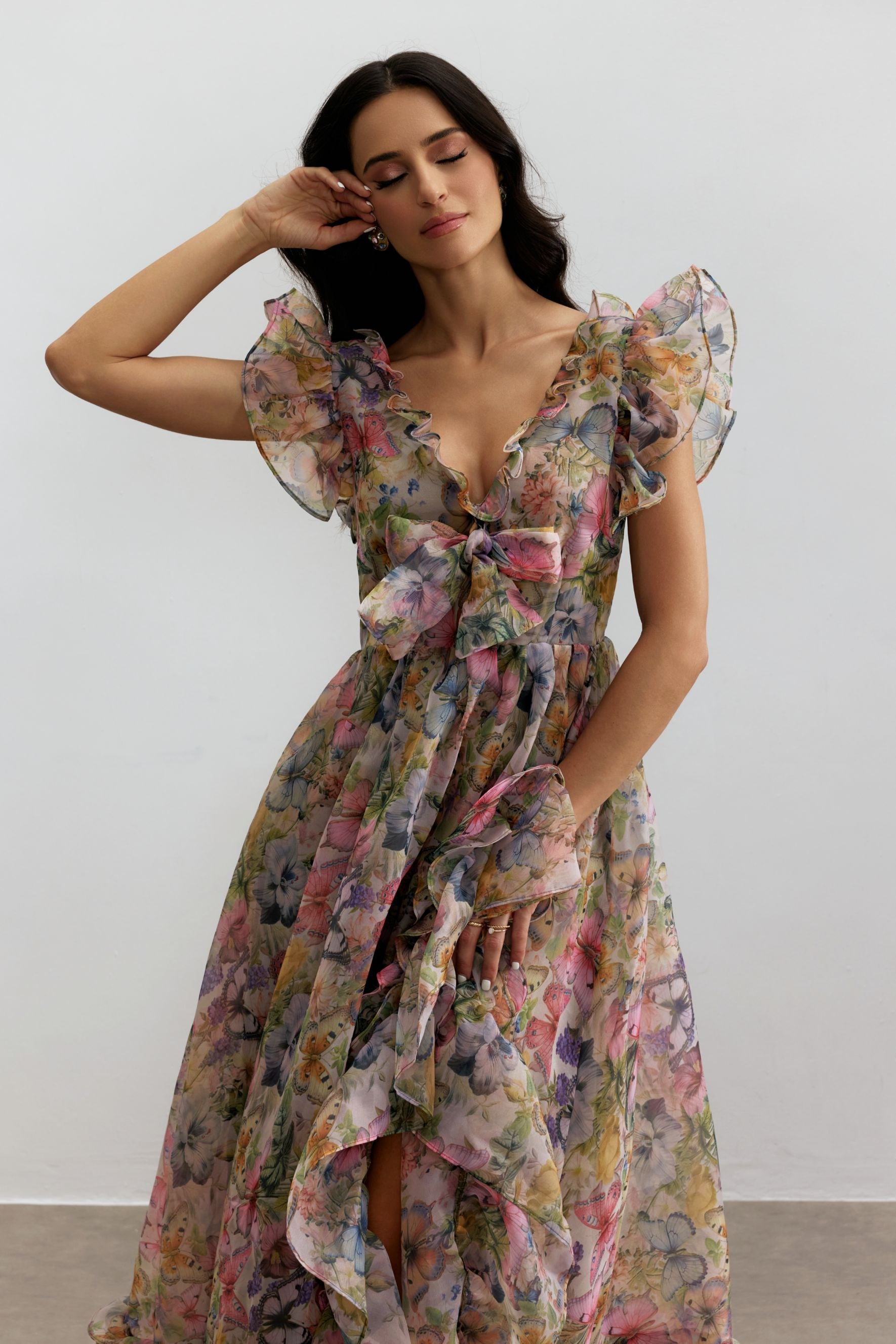 Butterfly Print Ruffle Chiffon Maxi Dress Avalabel