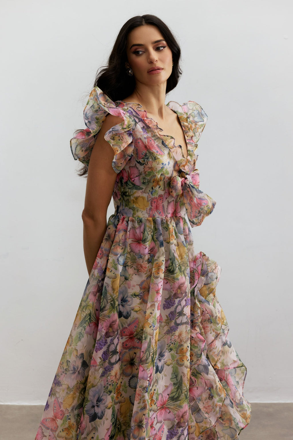 Butterfly Print Ruffle Chiffon Maxi Dress Avalabel