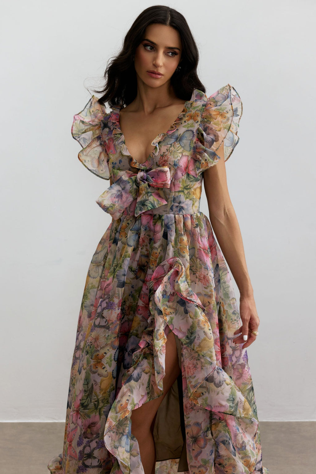 Butterfly Print Ruffle Chiffon Maxi Dress Avalabel