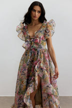 Butterfly Print Ruffle Chiffon Maxi Dress Avalabel