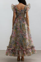 Butterfly Print Ruffle Chiffon Maxi Dress Avalabel