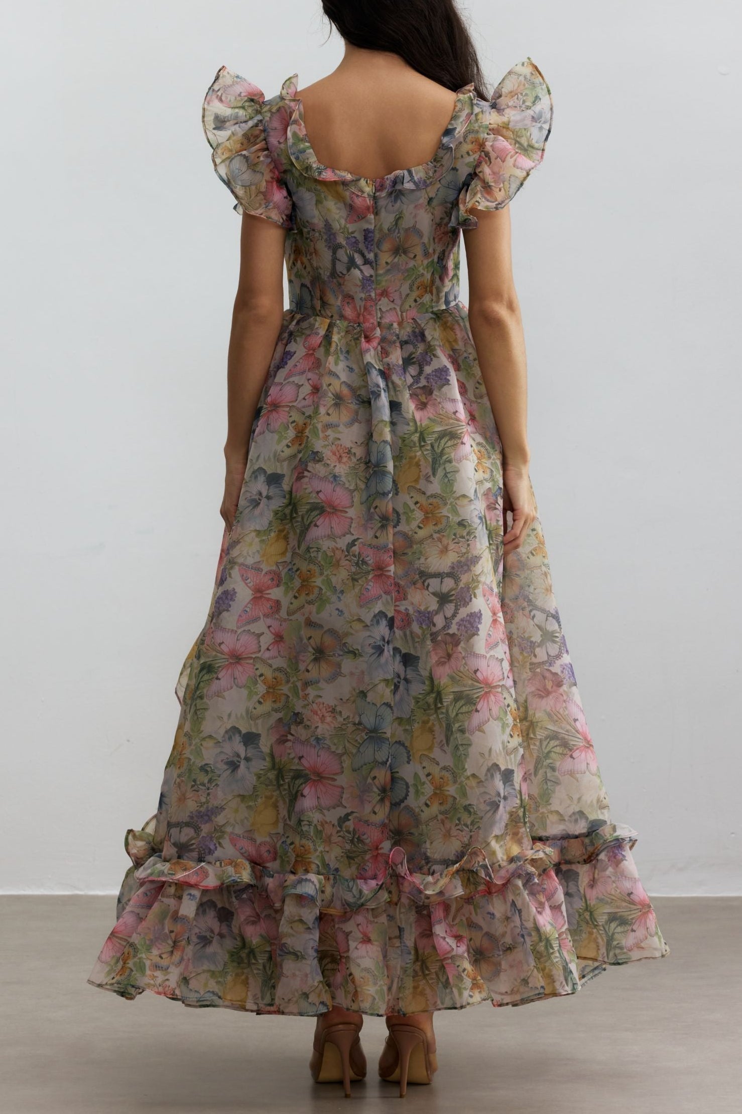 Butterfly Print Ruffle Chiffon Maxi Dress Avalabel