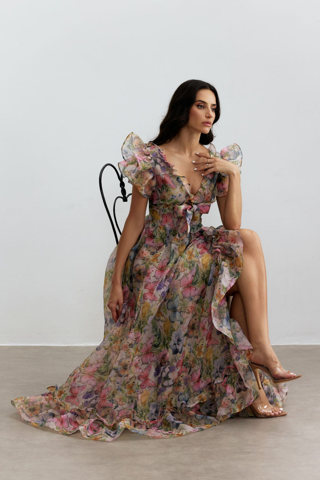 Butterfly Print Ruffle Chiffon Maxi Dress Avalabel