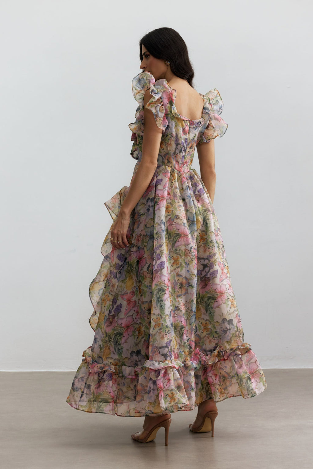 Butterfly Print Ruffle Chiffon Maxi Dress Avalabel