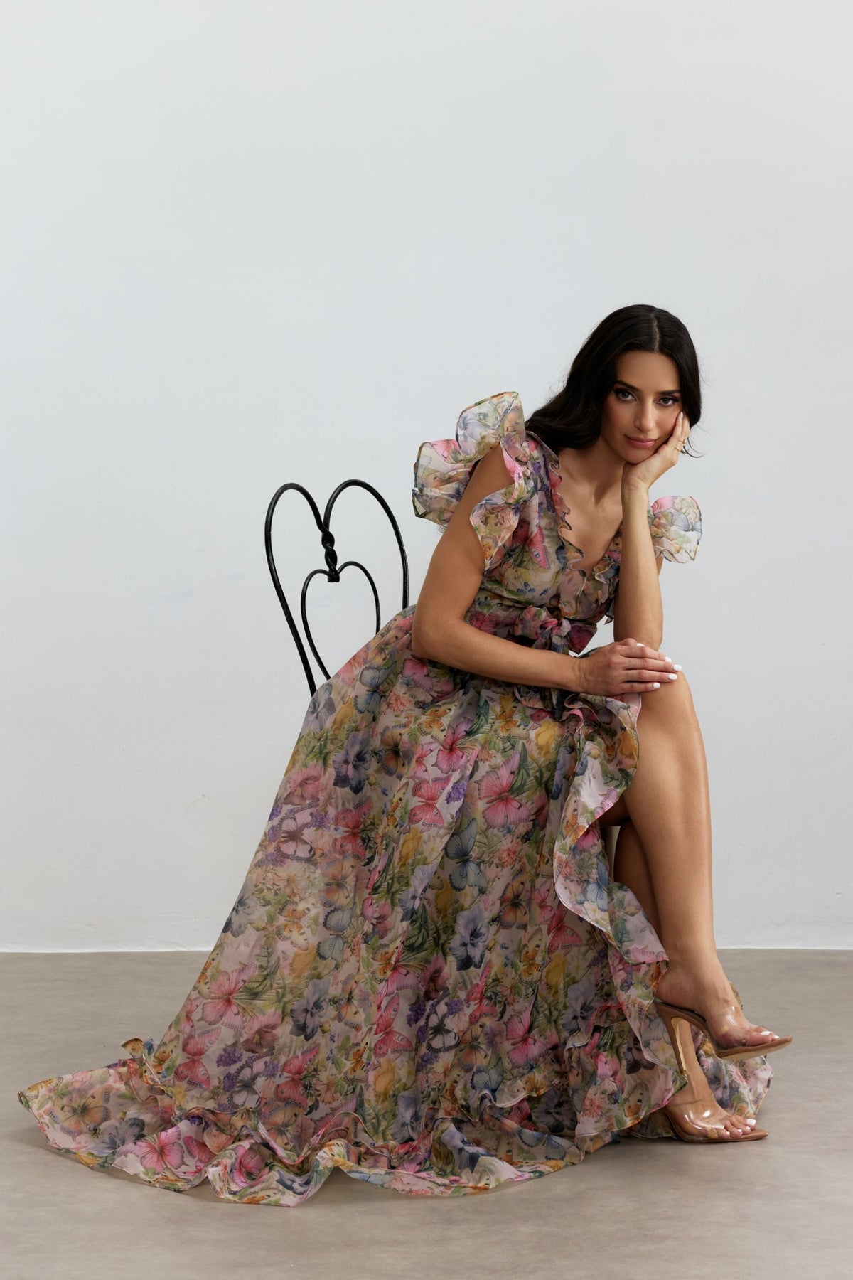 Butterfly Print Ruffle Chiffon Maxi Dress Avalabel