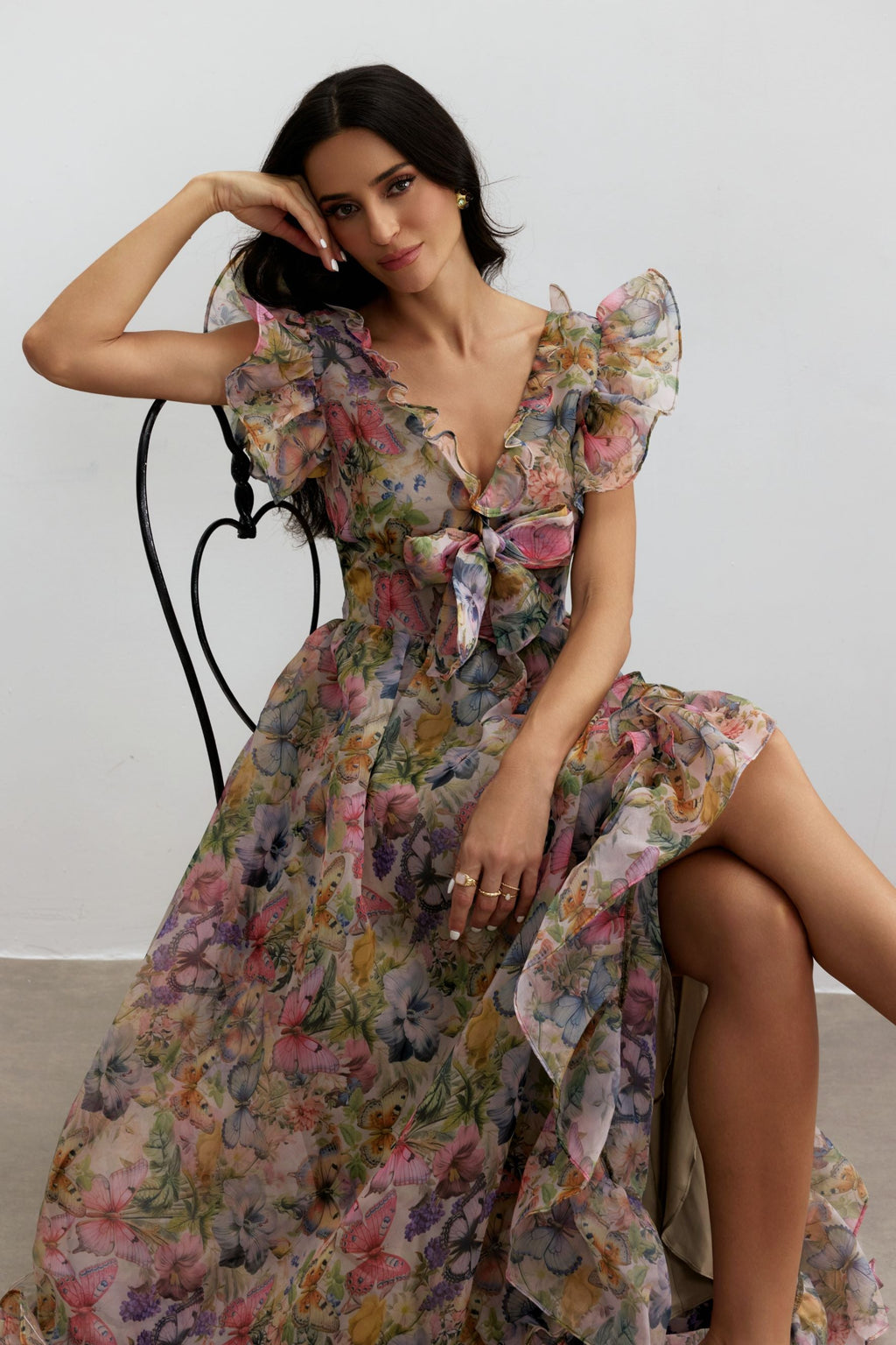 Butterfly Print Ruffle Chiffon Maxi Dress Avalabel
