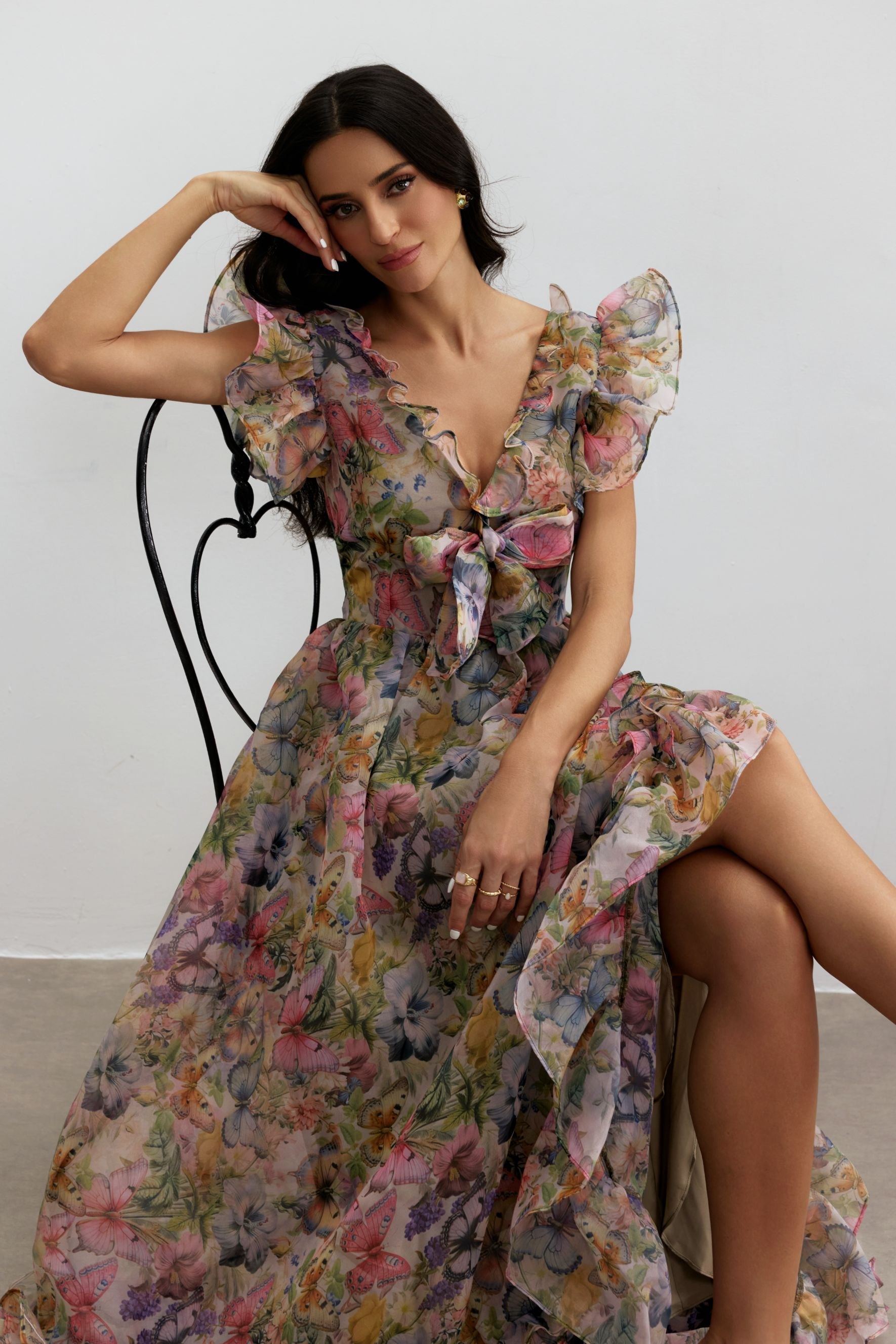 Butterfly Print Ruffle Chiffon Maxi Dress Avalabel