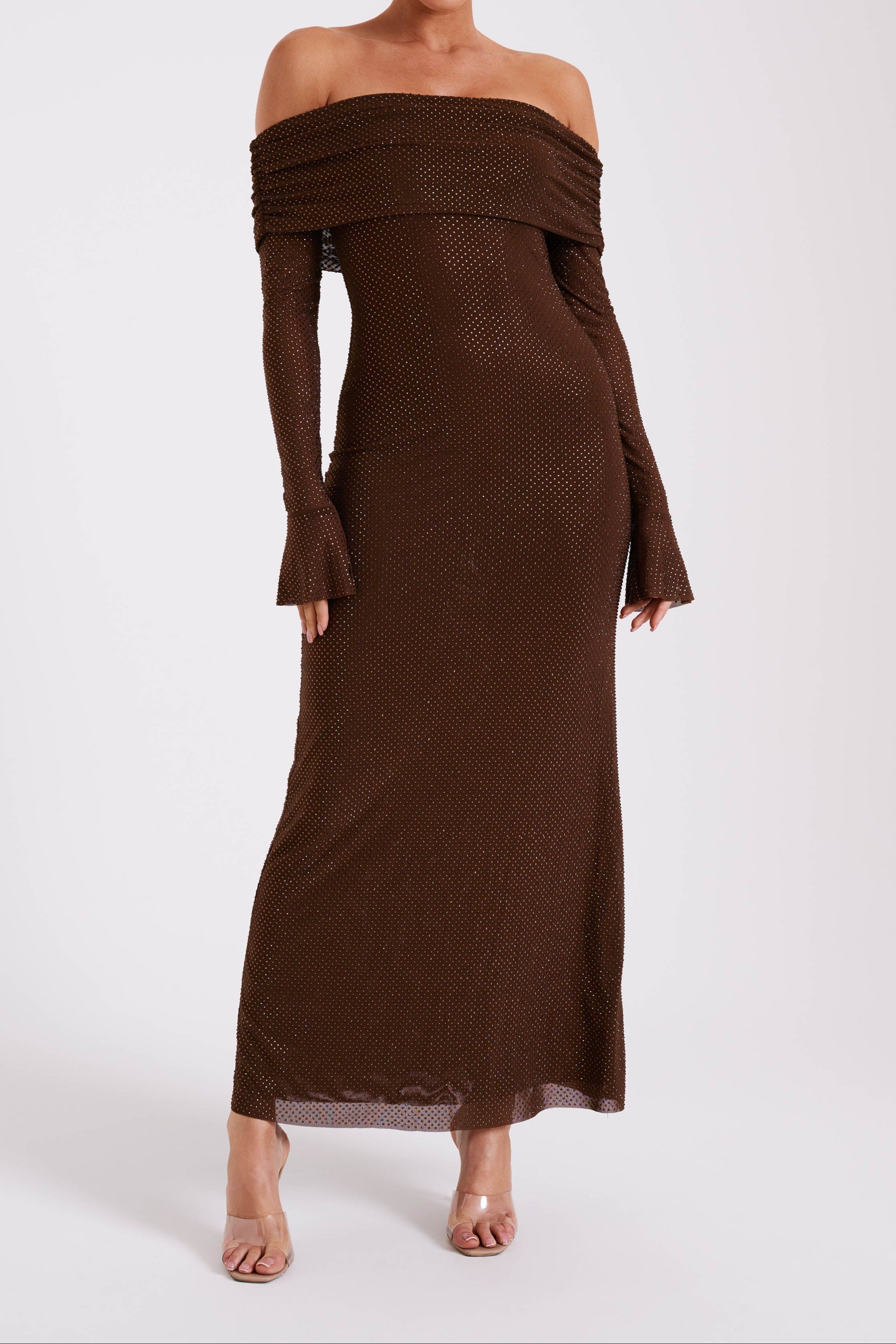 Denise Off Shoulder Sequin Maxi Dress - Chocolate Avalabel