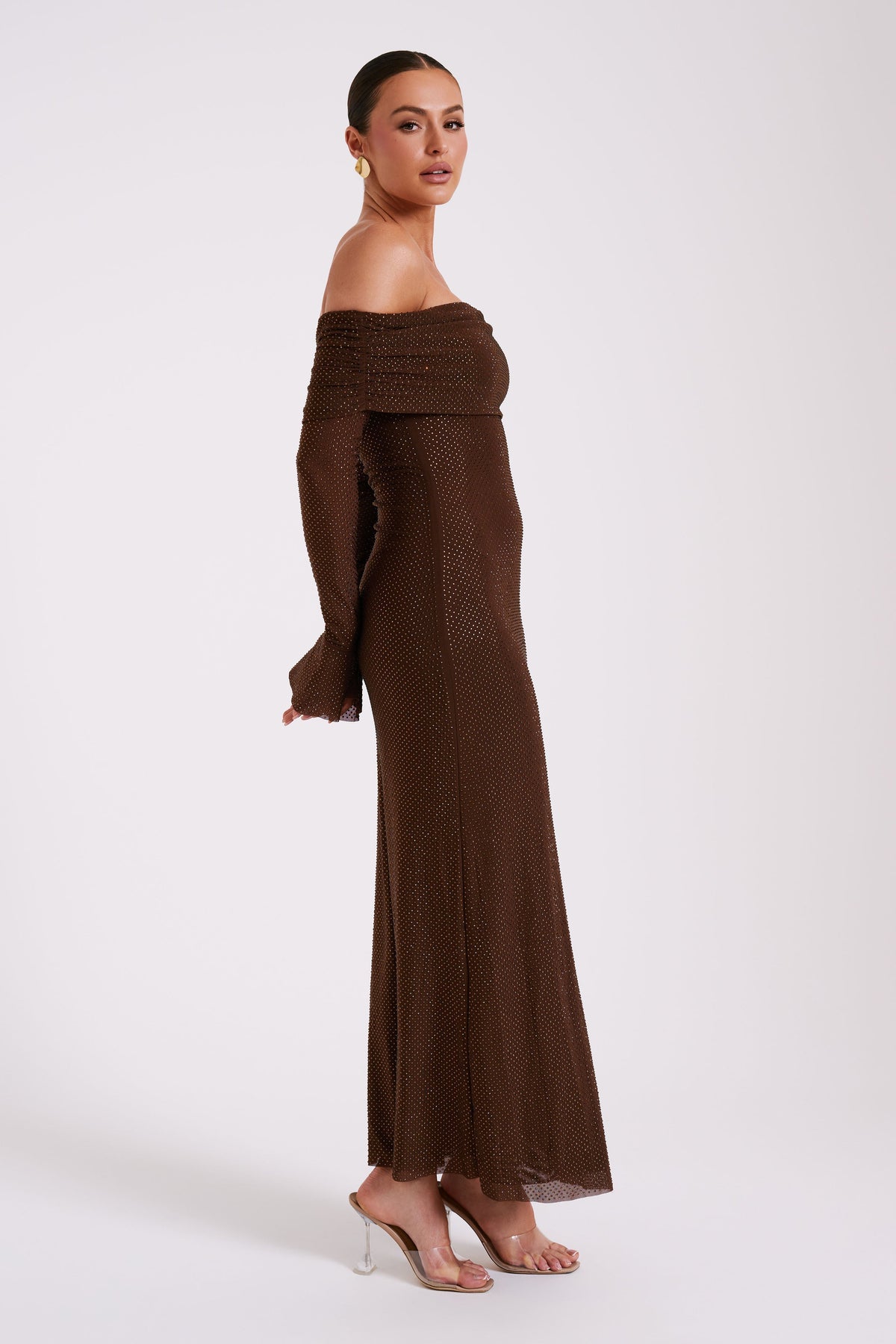 Denise Off Shoulder Sequin Maxi Dress - Chocolate Avalabel