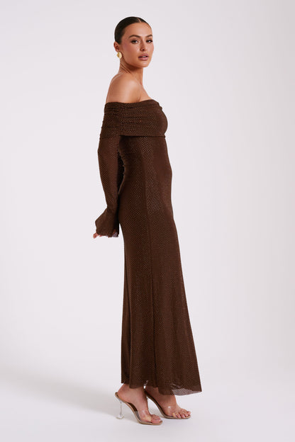 Denise Off Shoulder Sequin Maxi Dress - Chocolate