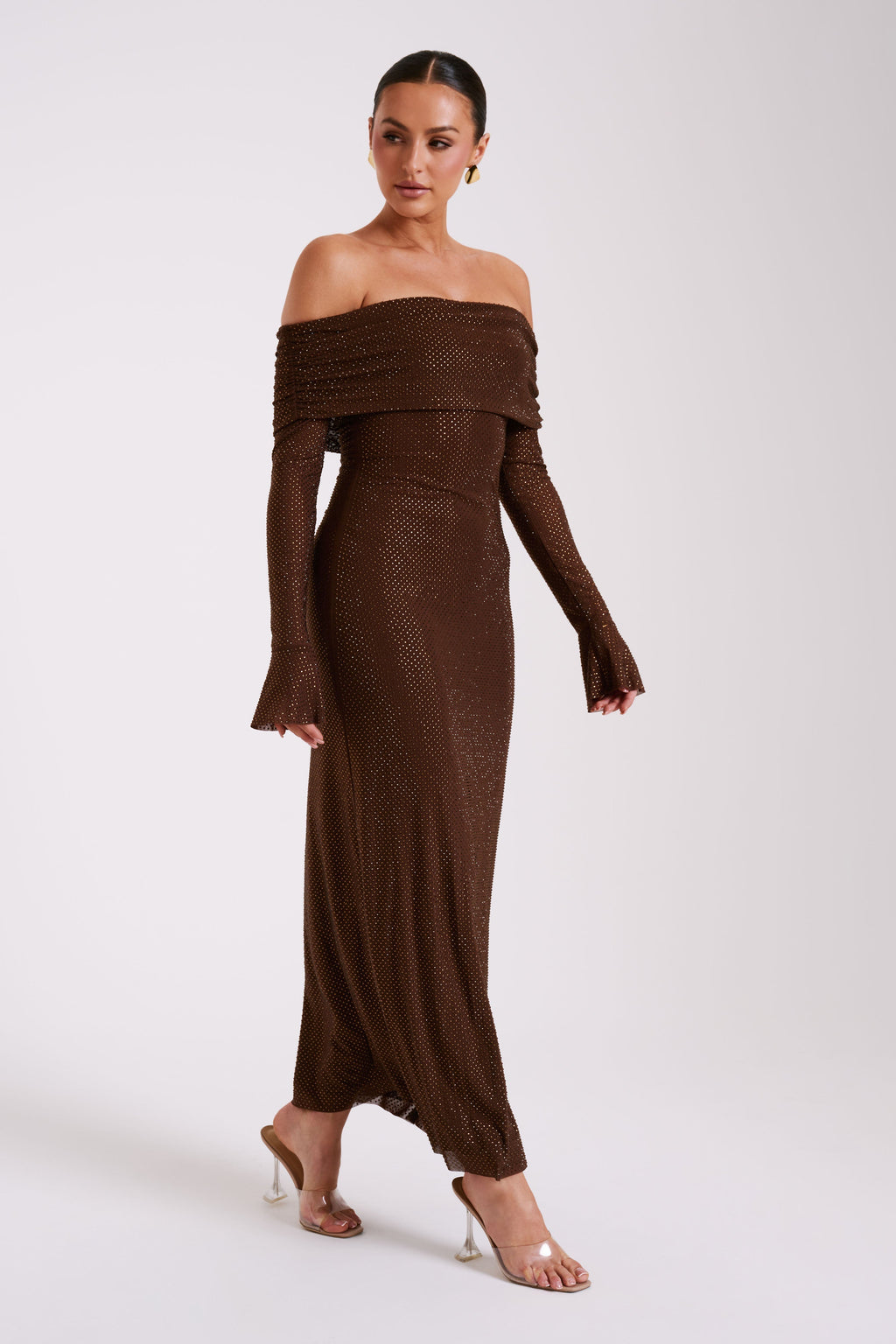 Denise Off Shoulder Sequin Maxi Dress - Chocolate Avalabel