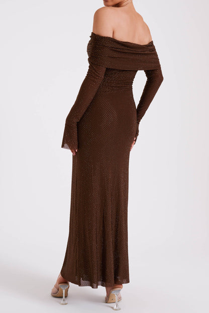Denise Off Shoulder Sequin Maxi Dress - Chocolate