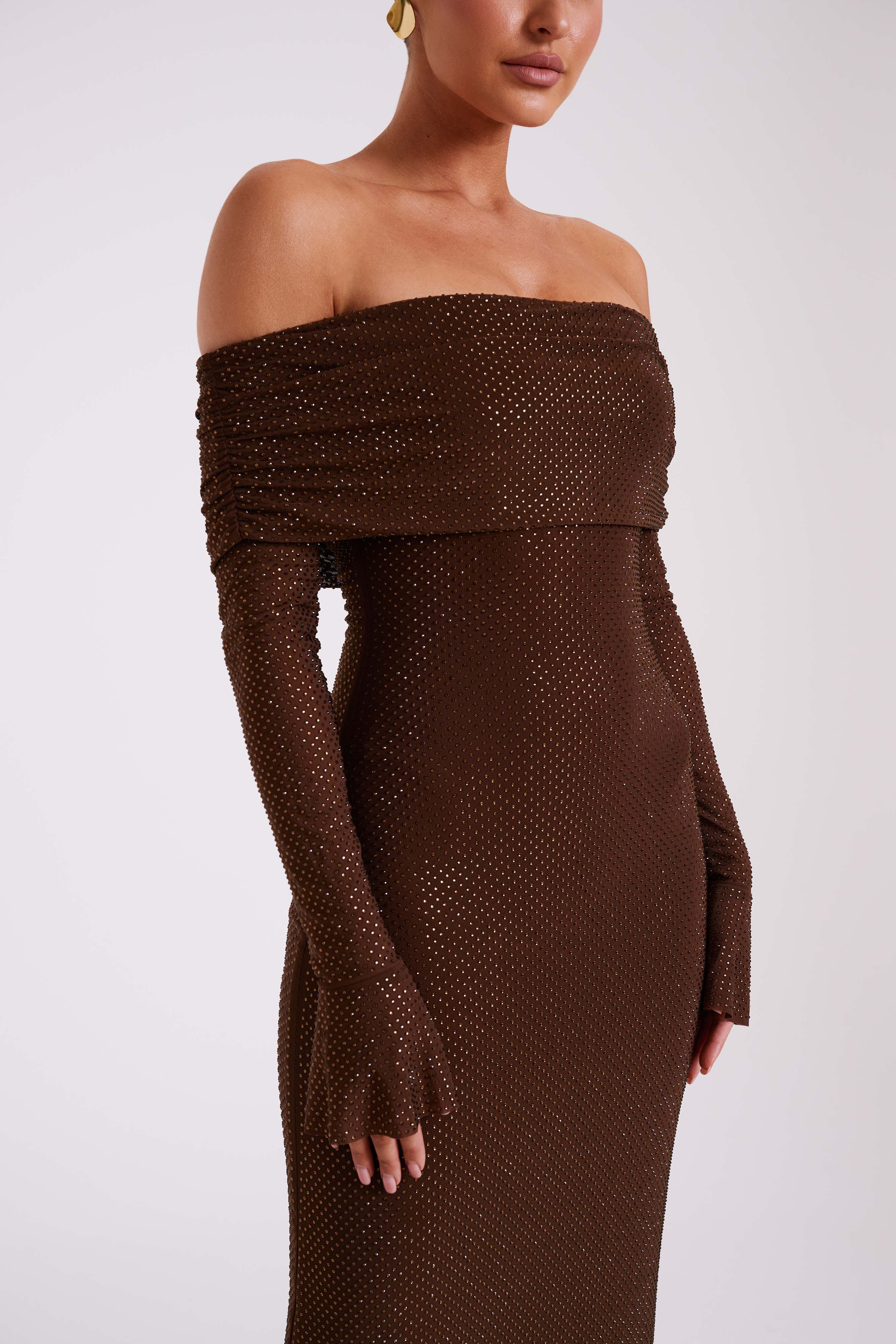 Denise Off Shoulder Sequin Maxi Dress - Chocolate Avalabel