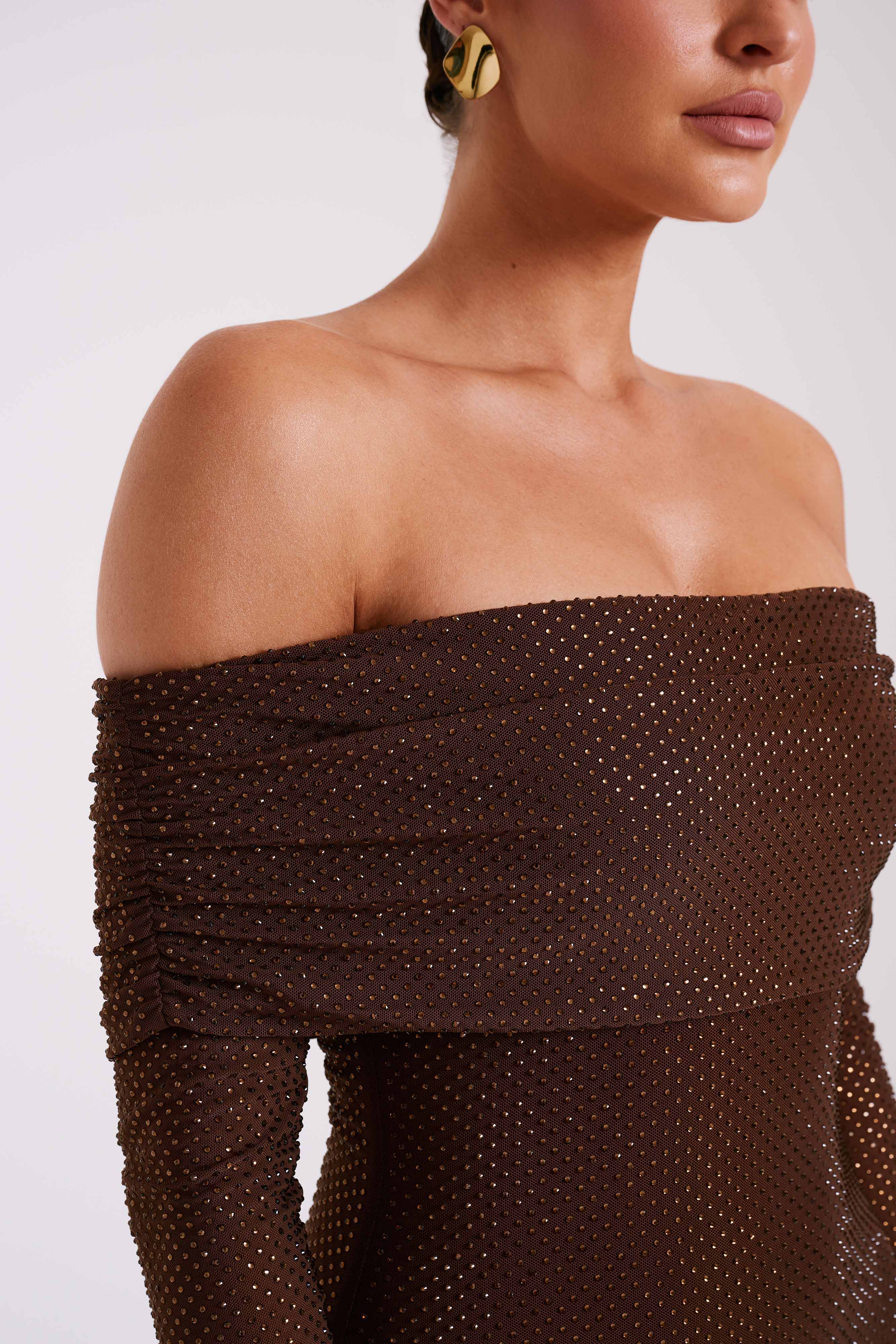 Denise Off Shoulder Sequin Maxi Dress - Chocolate Avalabel