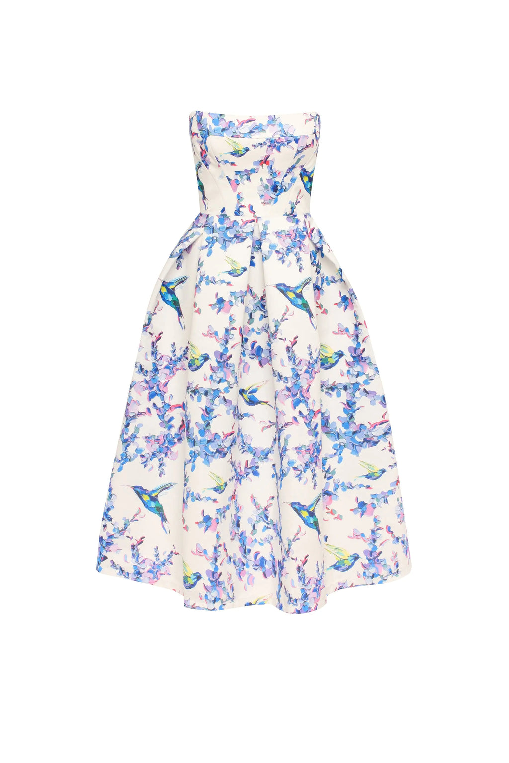 Strapless midi dress with bird and flower print, Garden of Eden Avalabel