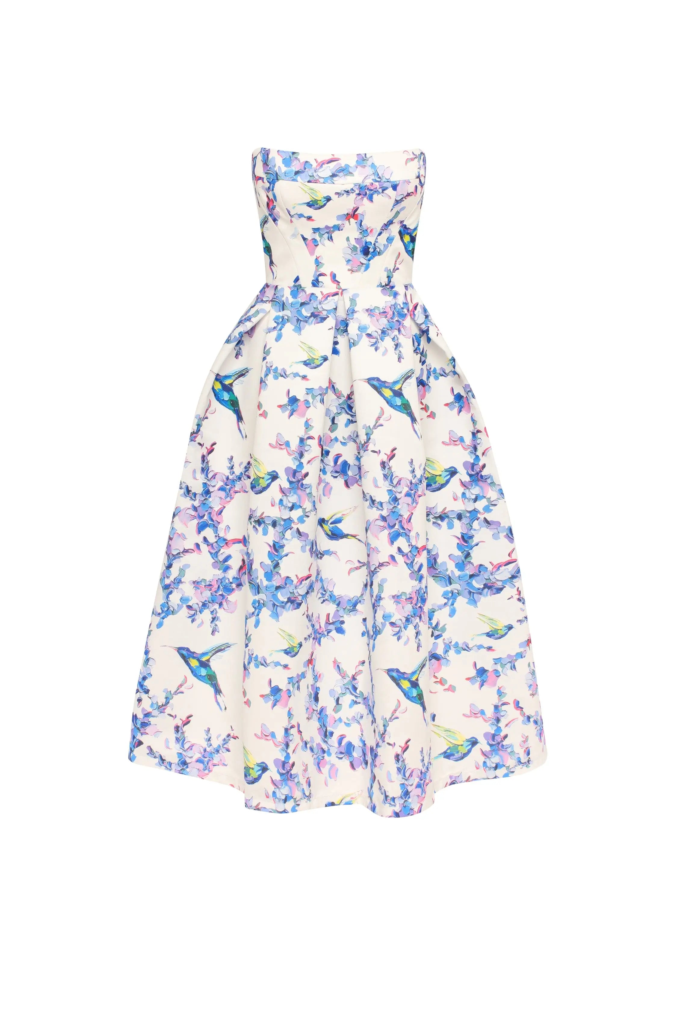 Strapless midi dress with bird and flower print, Garden of Eden Avalabel