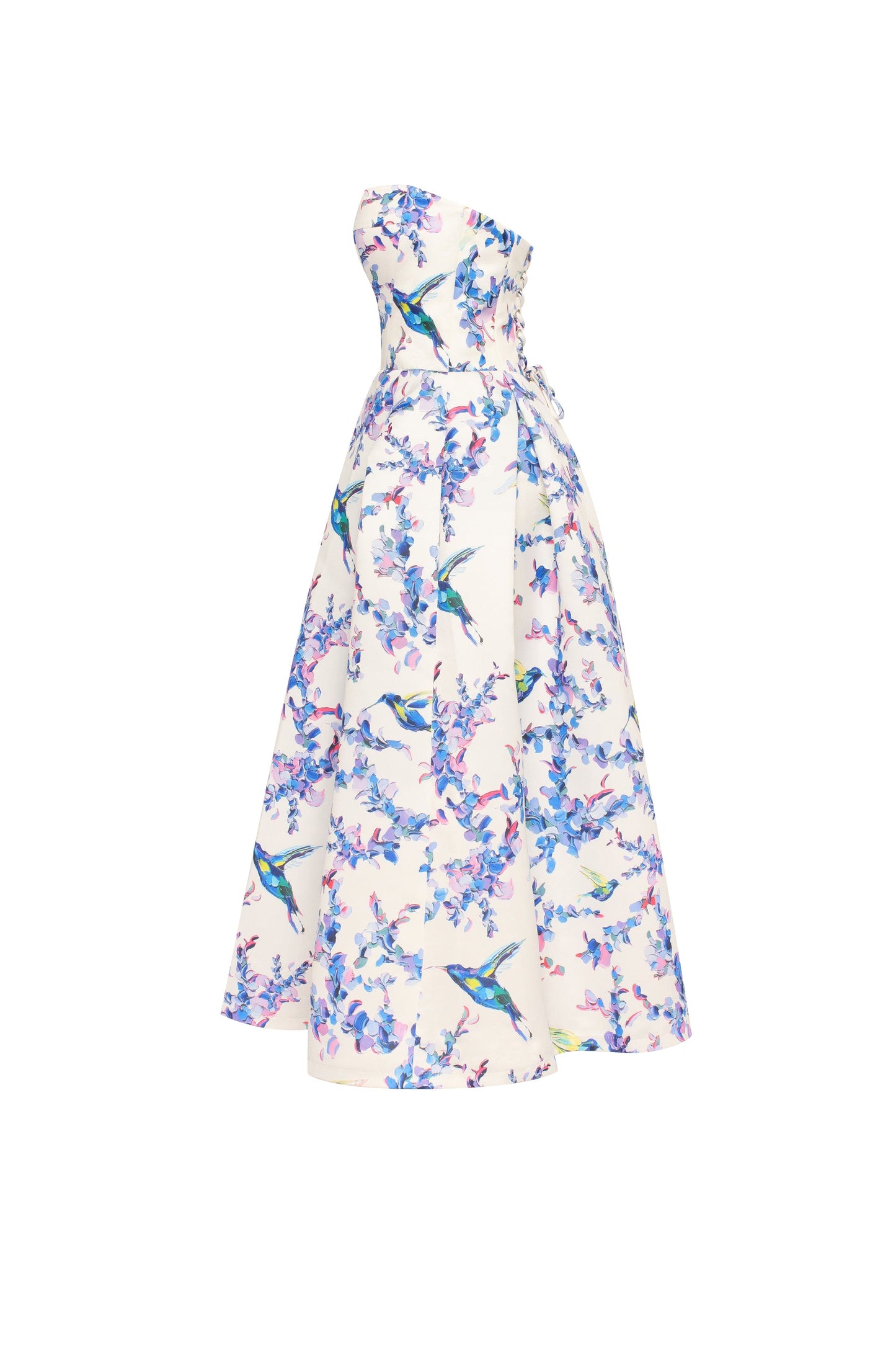 Strapless midi dress with bird and flower print, Garden of Eden