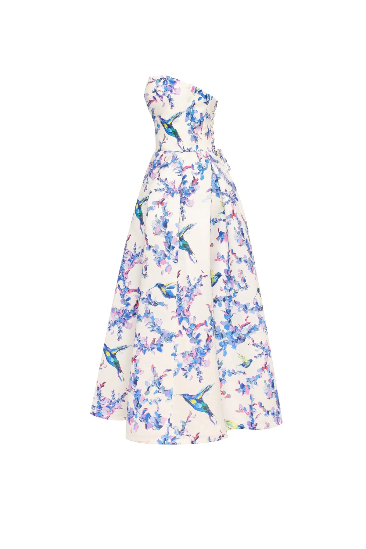 Strapless midi dress with bird and flower print, Garden of Eden Avalabel