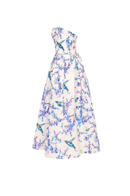 Strapless midi dress with bird and flower print, Garden of Eden