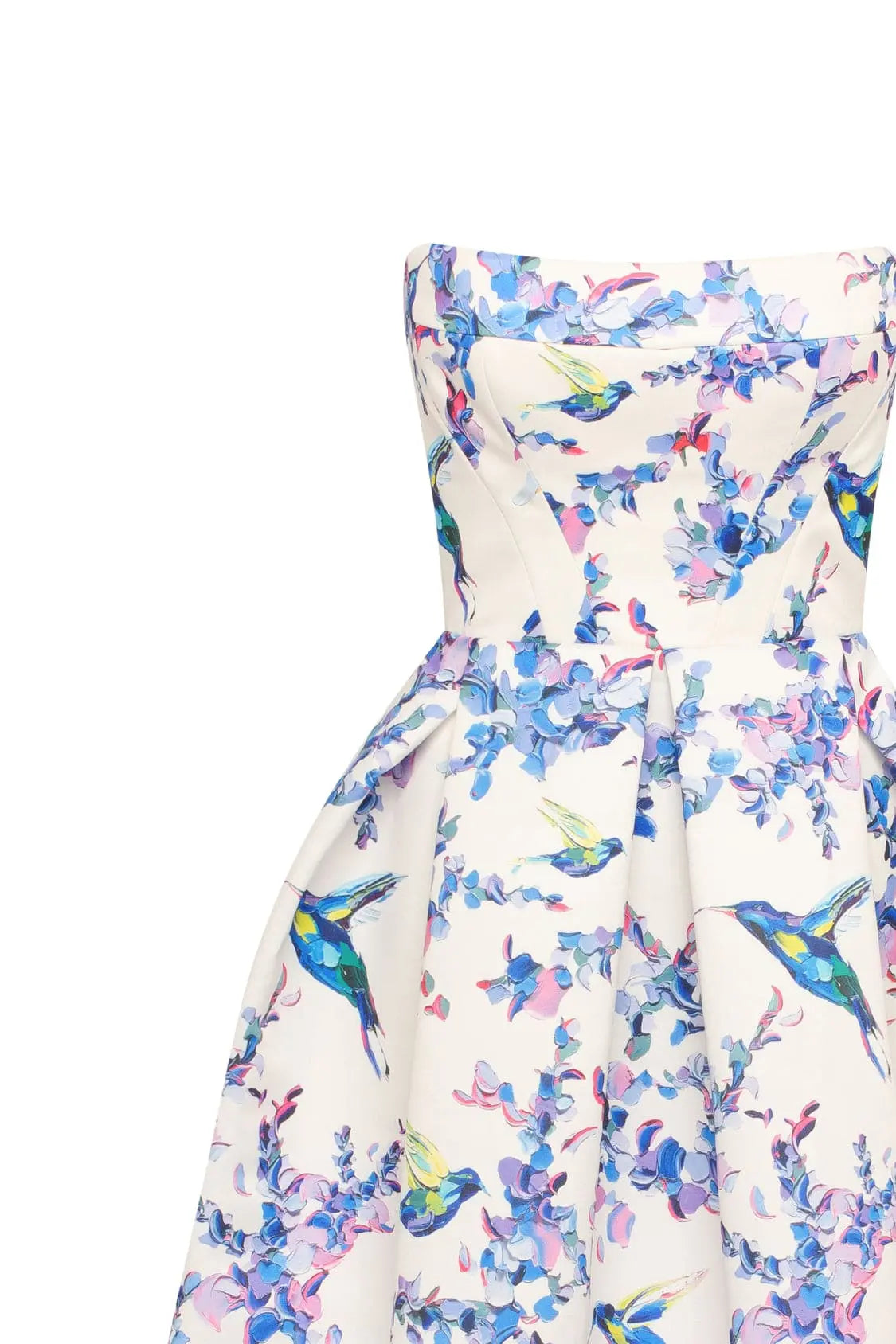 Strapless midi dress with bird and flower print, Garden of Eden Avalabel
