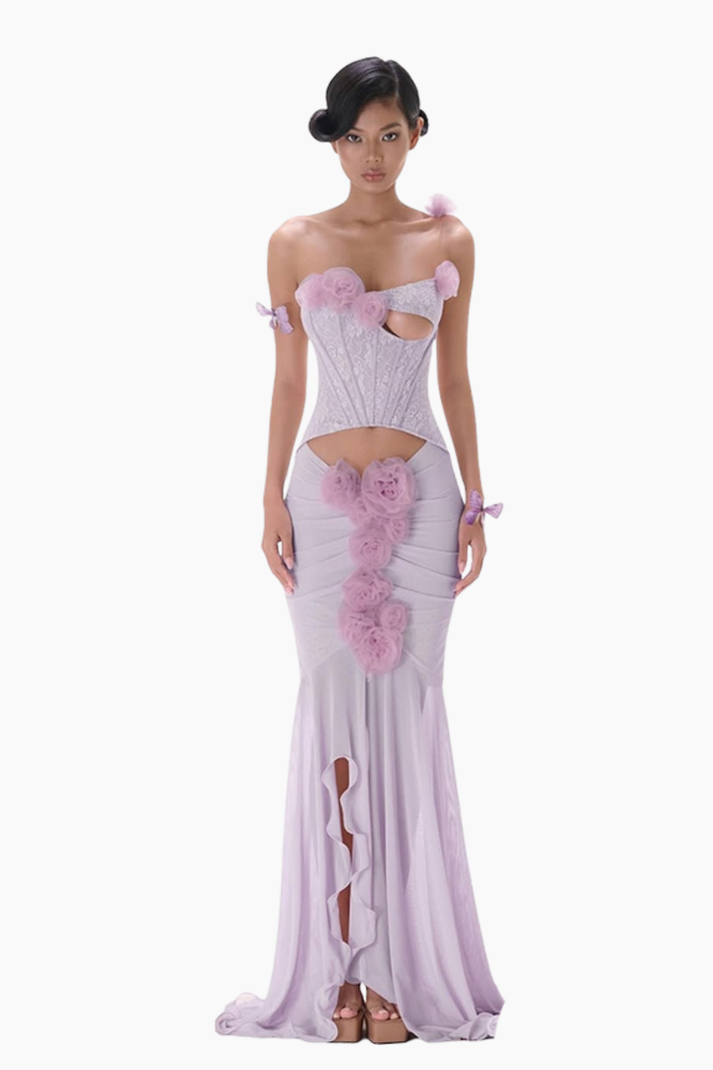 sigrid 3d flower strapless fishtail maxi dress in purple Avalabel