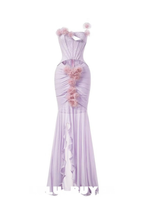 sigrid 3d flower strapless fishtail maxi dress in purple Avalabel