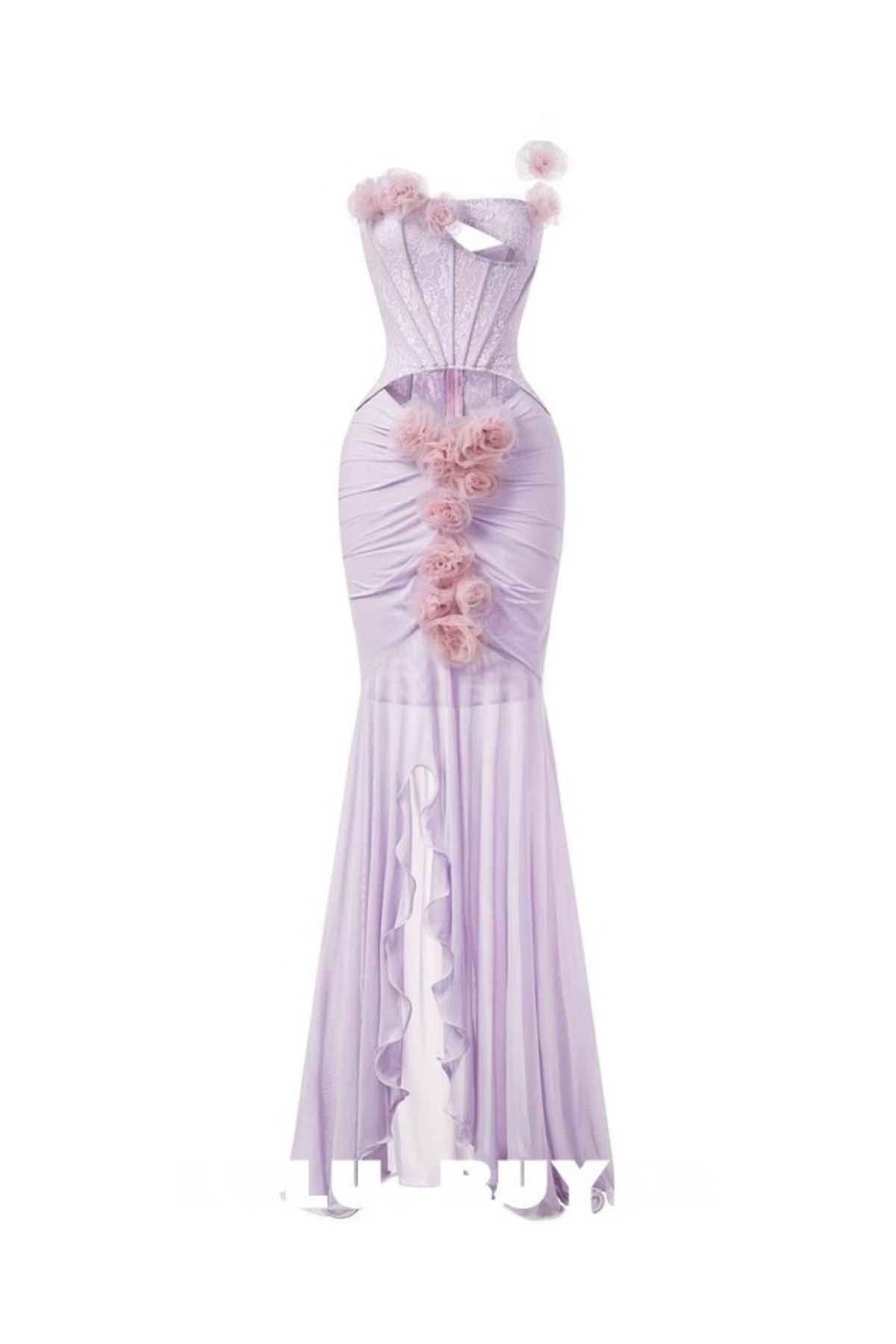 sigrid 3d flower strapless fishtail maxi dress in purple Avalabel