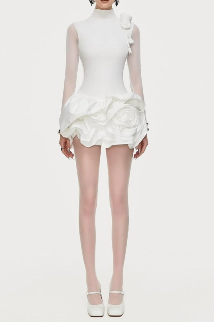3d Flower Hem Mesh Mini Dress in White Avalabel