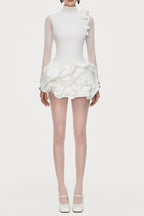 3d Flower Hem Mesh Mini Dress in White Avalabel