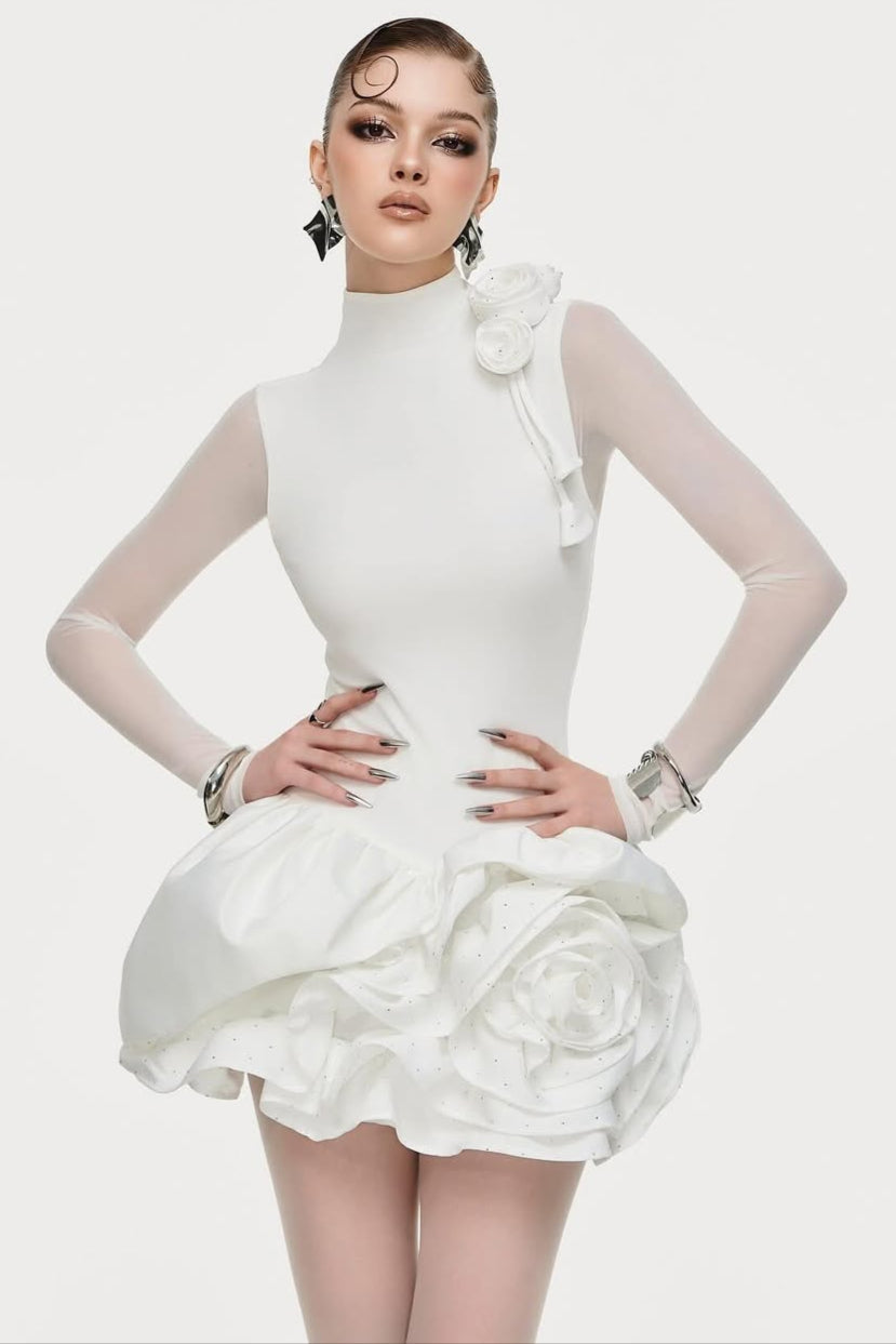 3d Flower Hem Mesh Mini Dress in White Avalabel