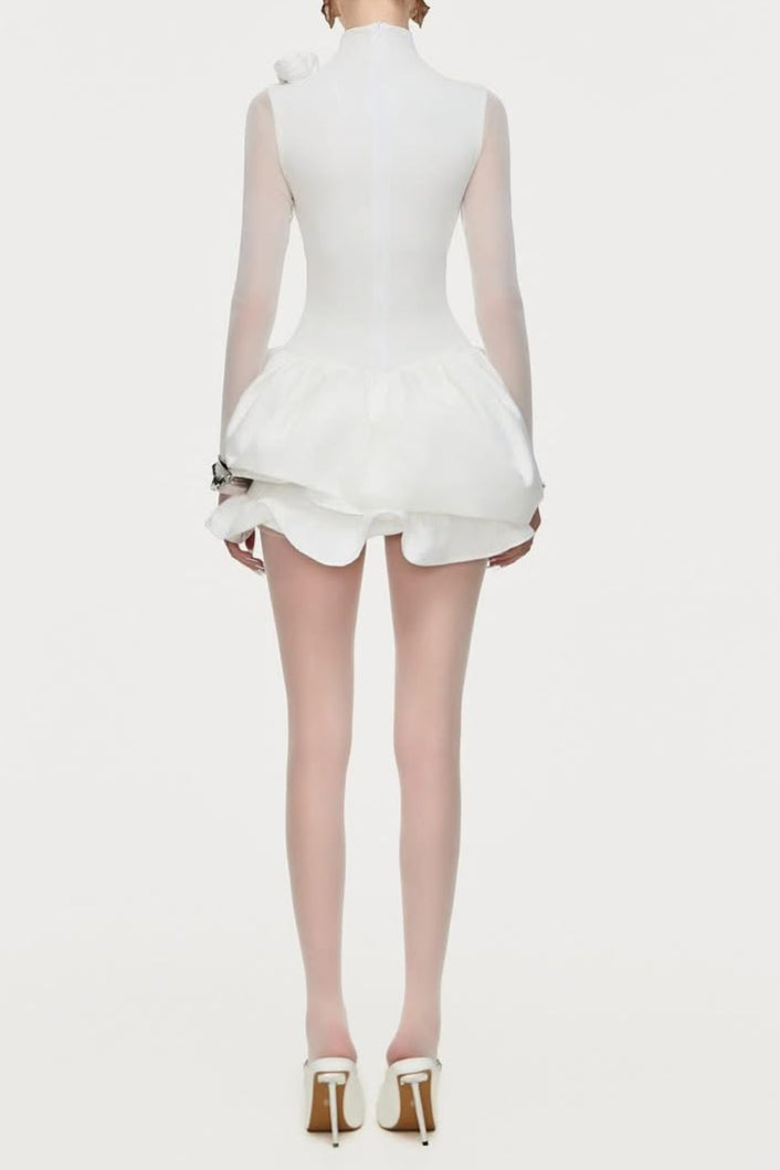 3d Flower Hem Mesh Mini Dress in White Avalabel