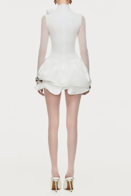 3d Flower Hem Mesh Mini Dress in White Avalabel