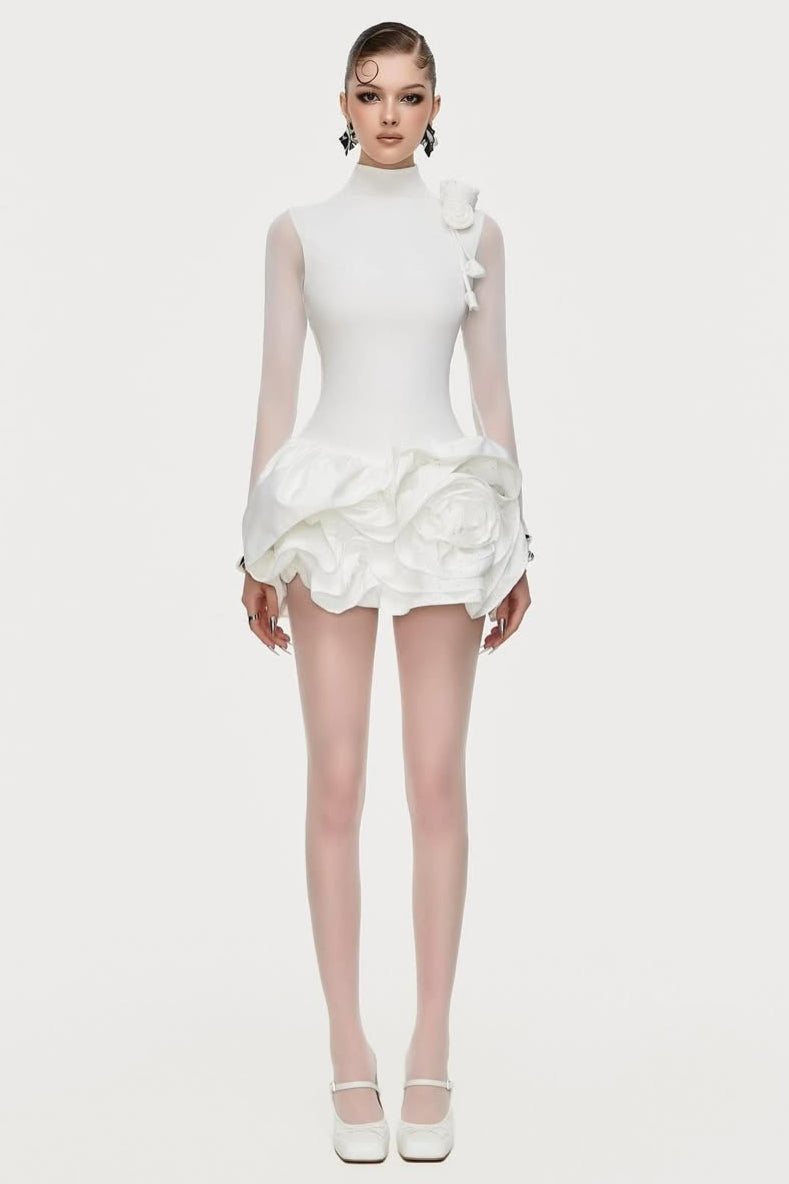 3d Flower Hem Mesh Mini Dress in White Avalabel