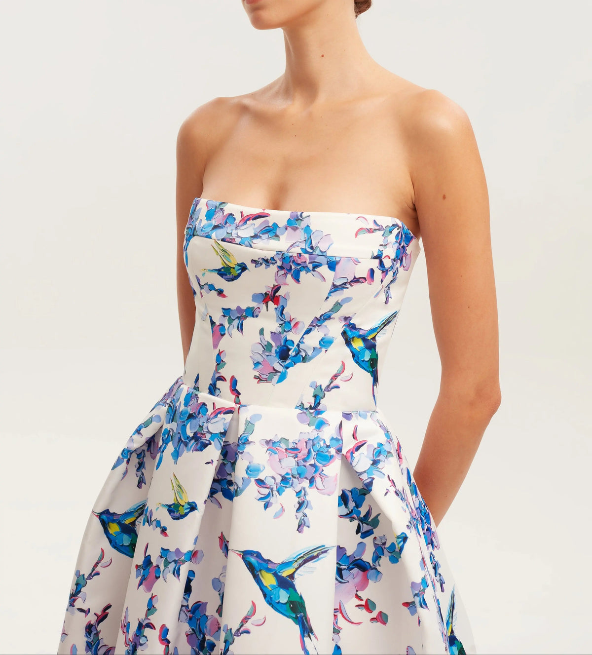 Strapless midi dress with bird and flower print, Garden of Eden Avalabel