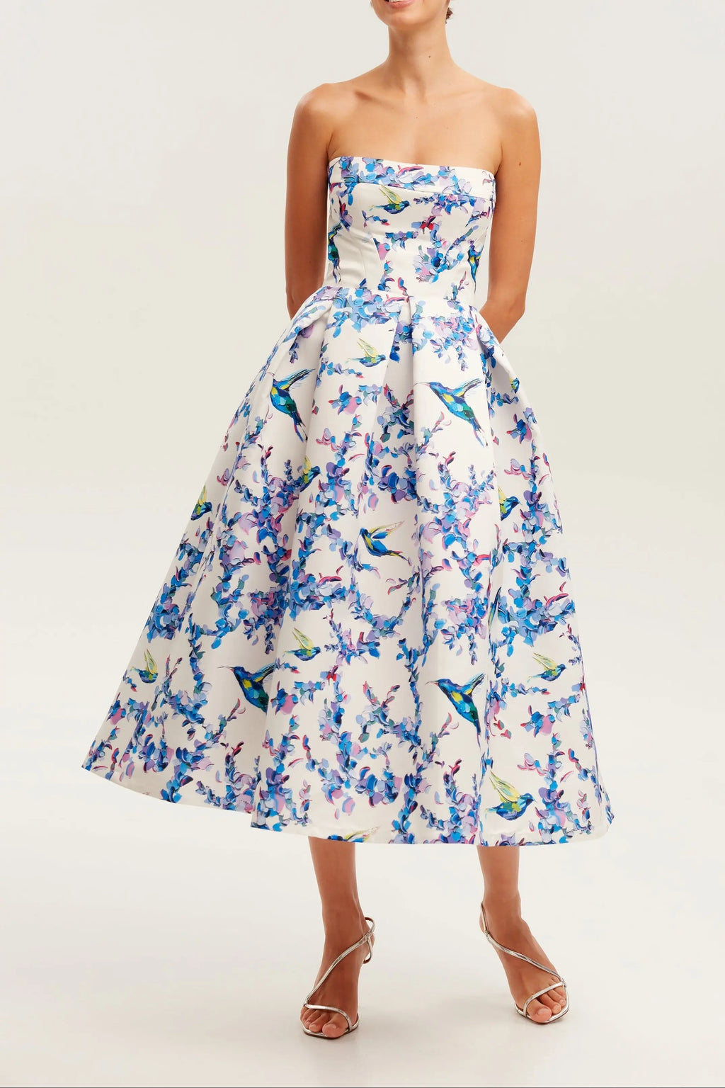 Strapless midi dress with bird and flower print, Garden of Eden Avalabel