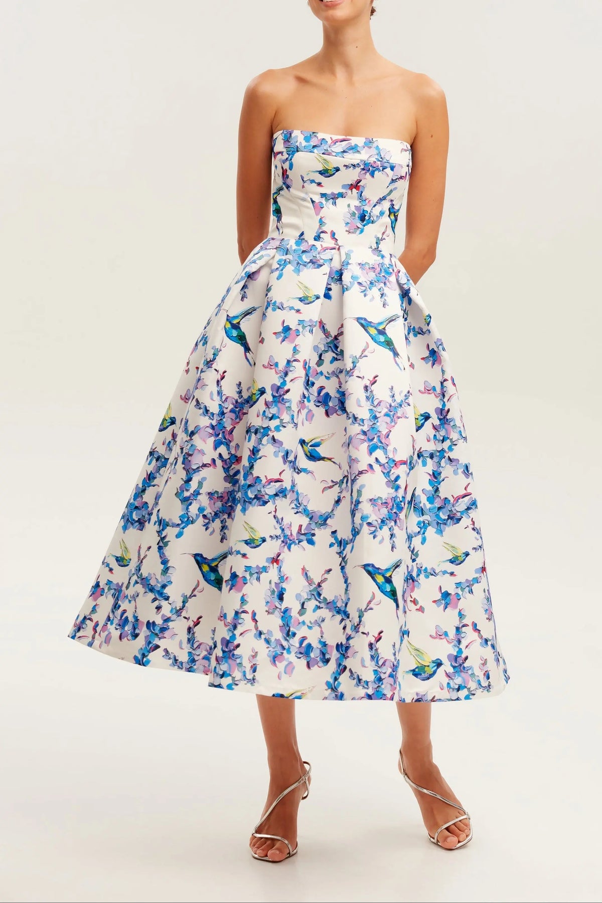 Strapless midi dress with bird and flower print, Garden of Eden Avalabel