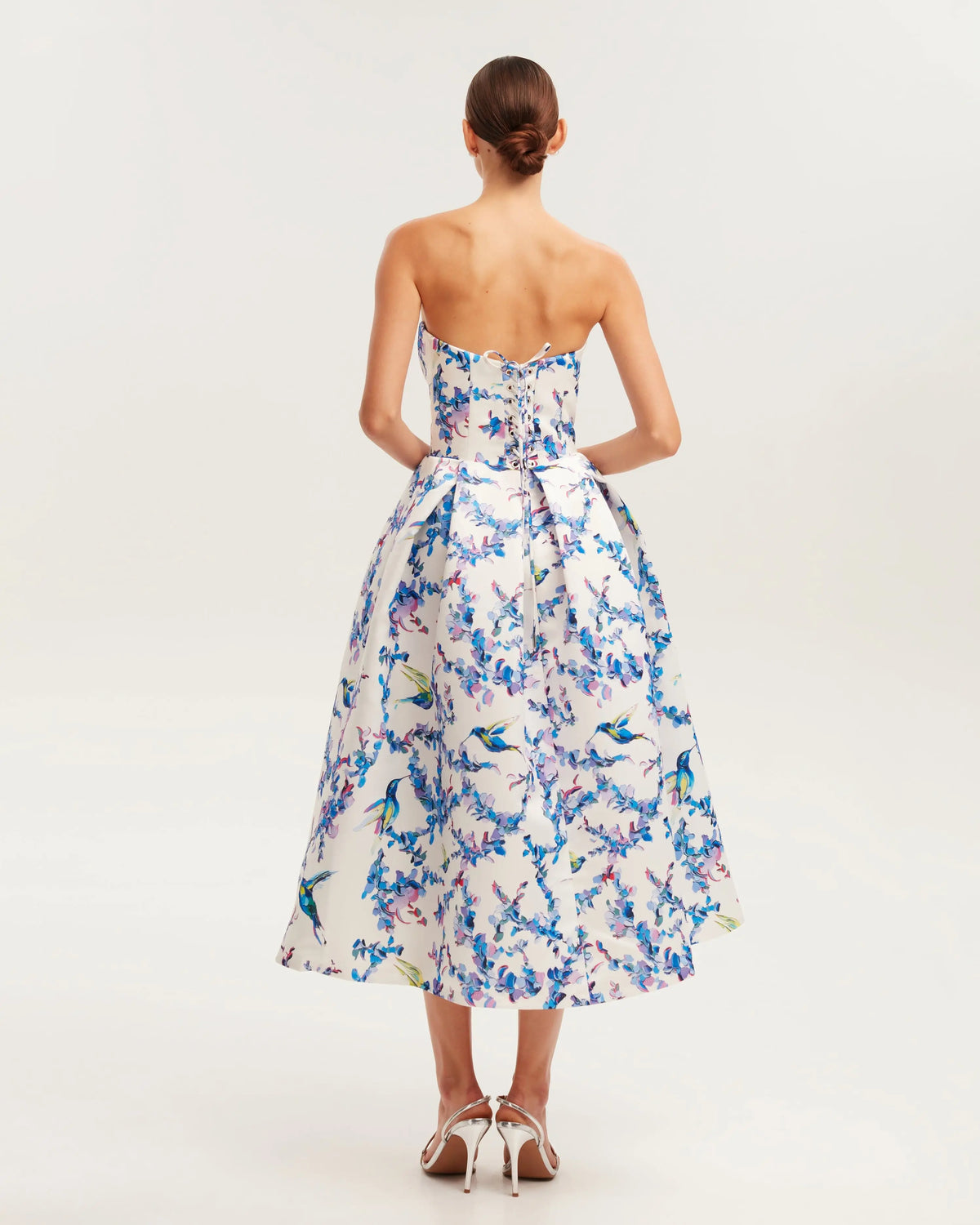 Strapless midi dress with bird and flower print, Garden of Eden Avalabel
