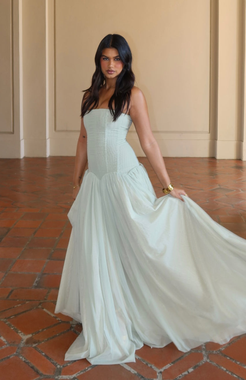 Sabrina Tulle Strapless Maxi Dress - Green Avalabel