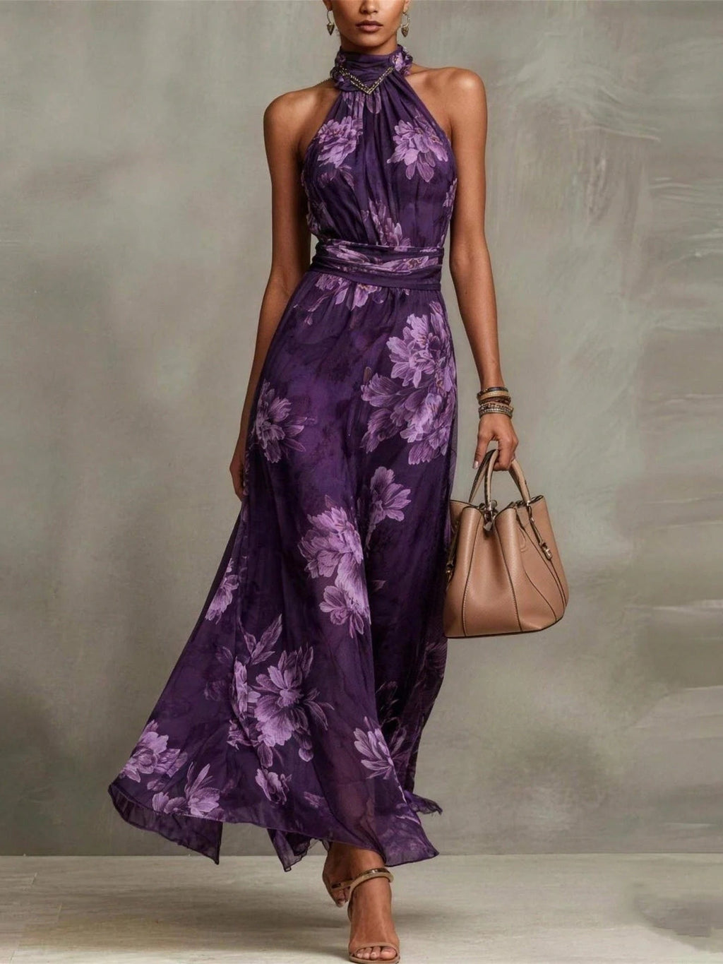 Polly Green Floral Chiffon Halter Maxi Dress Avalabel